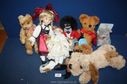 Two dolls on stand, three Teddy bears,