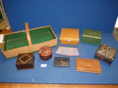 A quantity of boxes including a wicker cutlery tray,