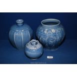 Three blue china vases made in Taiwan including;