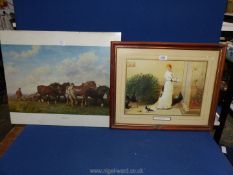 A framed print titled 'In the conservatory' by Heywood Hardy and ' Working the land' by Frank Paton.