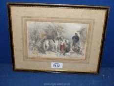 A small framed and mounted coloured lithograph depicting a lady holding two horses and a gentleman