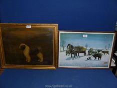 A framed oil on canvas depicting an Old English sheep dog,