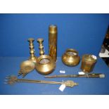 A quantity of brass to include a pair of Georgian style candlesticks, two traditional Indian pots,