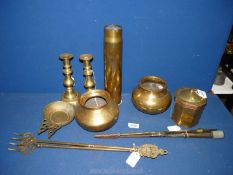 A quantity of brass to include a pair of Georgian style candlesticks, two traditional Indian pots,