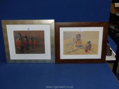 A framed Watercolour and a coloured charcoal depicting Russian dolls,