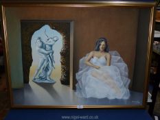 A gilt framed Oil on canvas depicting a Female figure sat in white dress next to an opening in the