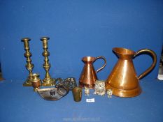 A quantity of mixed metals including two copper ale jugs, pair of brass candlesticks, owl ornaments,