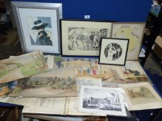 A quantity of unframed watercolours and prints of various landscapes and still life's,