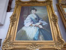 A large contemporary Oil on canvas depicting a three quarter length Portrait of a young lady in a