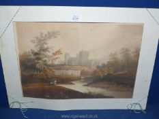 A mounted watercolour of two figures fishing by religious building, no visible signature, unframed.