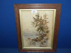 A wooden framed Watercolour depicting Loch Quoich, 'N.B.'.