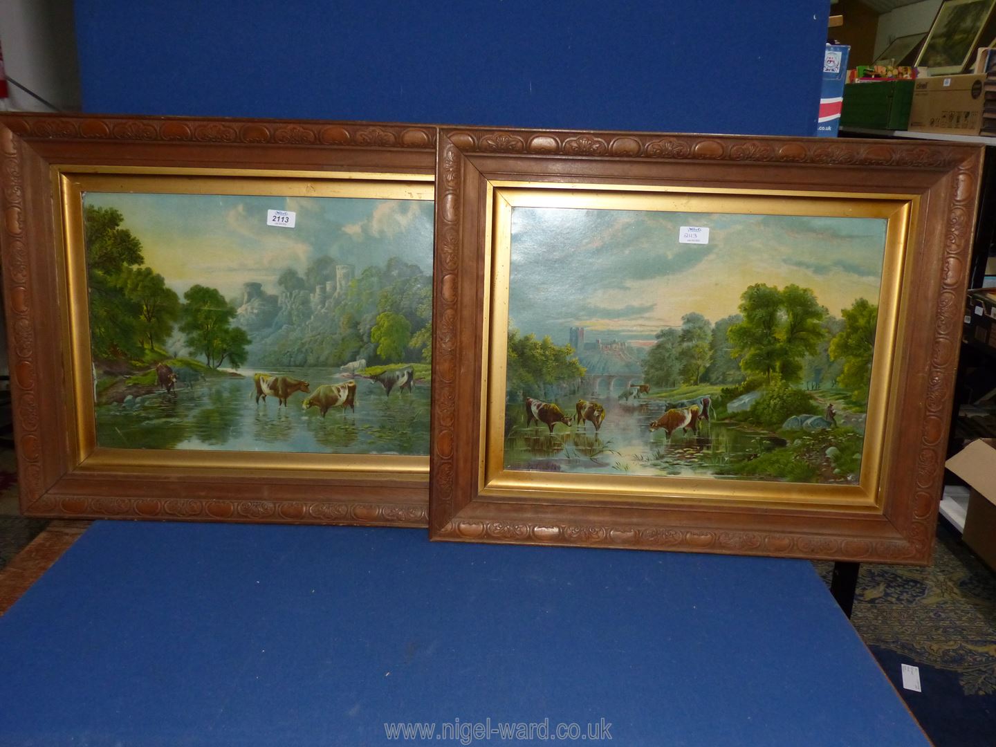 Two wooden framed Prints of cattle drinking in a river by B. Cook, dated 1889. - Image 2 of 2