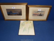 Two framed and mounted Watercolours depicting 'Castle ruins at sunset' and 'Sailing boats at