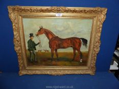 An oil on canvas painting of a Racehorse with his owner on Newmarket Heath, circa 1850,