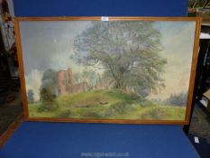 A framed oil painting on canvas very ably portraying Grosmont Castle painted from the base of the