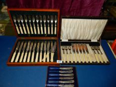 A cased set of bone handled knives and forks and a cased set of Fish Eaters,