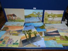 Three folders containing unframed Watercolours depicting various country landscapes, seascapes,