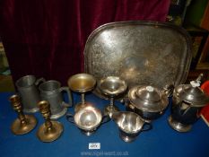 A quantity of metalware including four piece Teaset, Epns tray, brass candlesticks, etc.