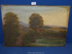 An unframed oil on canvas of a country landscape, no visible signature, 24'' x 15 3/4''.