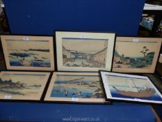 Six framed and mounted Woodblock prints by Japanese artist Katsushika Hokusai,