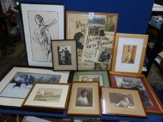 A quantity of prints to include framed music sheets and photos, a study of a nude initialled C.