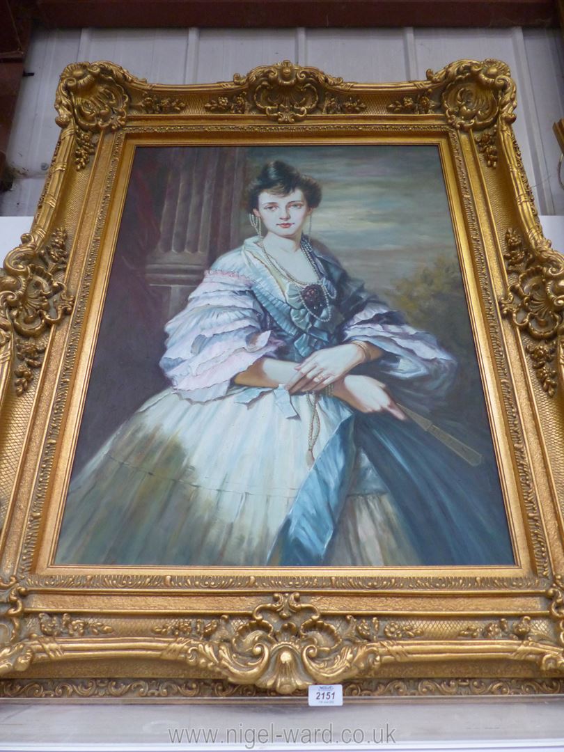 A large contemporary Oil on canvas depicting a three quarter length Portrait of a young lady in a - Image 2 of 2