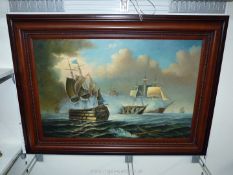 A contemporary Oil on canvas of warships at battle, signed lower right J.
