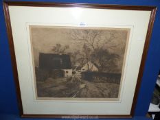 A large framed etching depicting a farmyard with sheep, indistinctly signed 27 1/4" x 25 1/4".