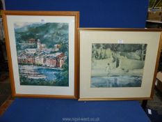 A framed print depicting a continental town and harbour signed A Bazoazo? along with a framed W.