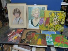 A box of Oil paintings, subjects to include flowers and portraits (9).