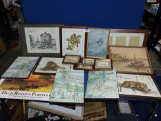 A quantity of prints and paintings to include a David Roberts portfolio, the old house Hereford,