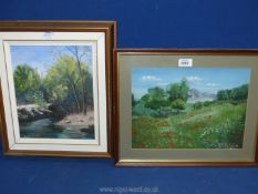 A framed oil on board of a wild flower meadow with trees and hills in the distance,