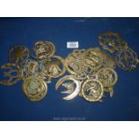 Two bundles of Horse brasses and two loose including Bill Sikes, Llangollen, Stars, Horseshoes etc.