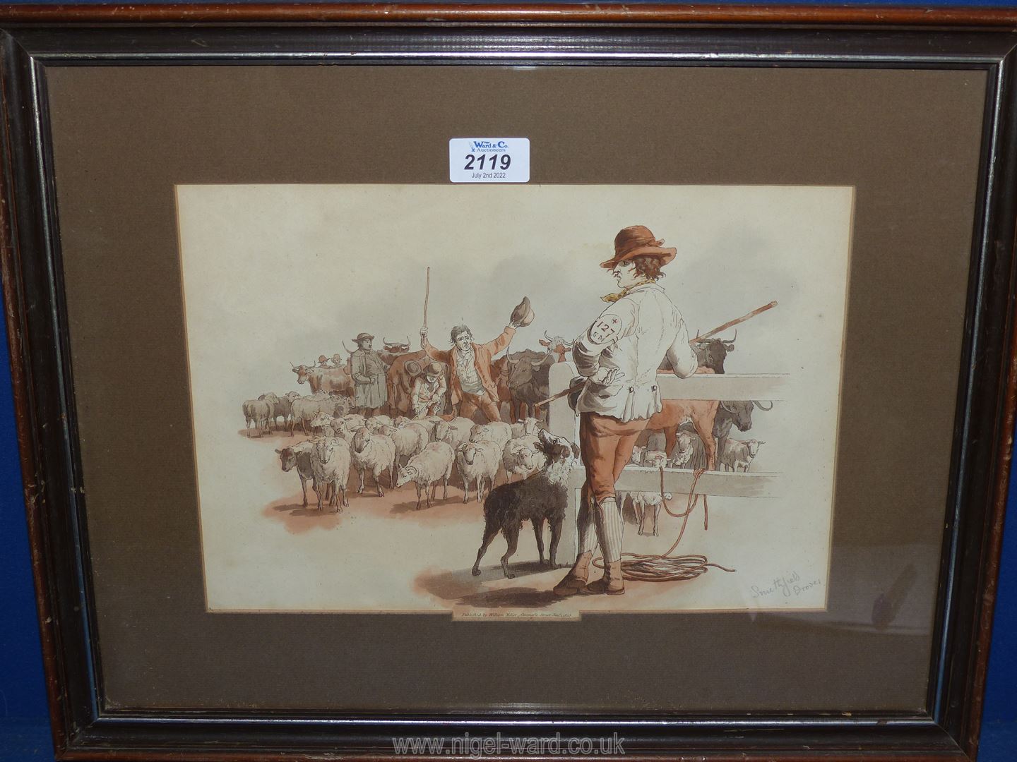 A framed and mounted coloured lithograph titled 'Smithfield Drover' published by William Miller,