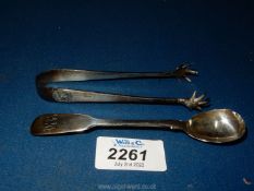 A Silver Teaspoon, London 1853, maker Henry Holland, together with a silver sugar tongs, Chester.