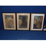 Three framed and mounted Woodblock prints by the Japanese artist Katsushika Hokusai including