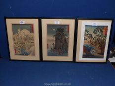 Three framed and mounted Woodblock prints by the Japanese artist Katsushika Hokusai including