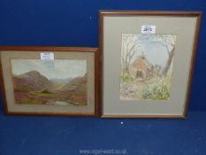 A small framed and mounted watercolour depicting a loch scene with heather and mountains in the