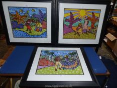 Three black framed Caribbean Watercolours of figures in landscapes, one signed Elvis,