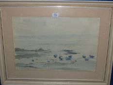 A large framed and mounted Watercolour depicting a Coastal scene with boats moored,