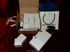 A quantity of empty Pandora boxes including ten charm boxes, a bracelet box and bags.