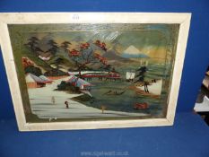 A framed Oriental painting with overlayed oriental painting on glass, no visible signature.