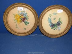 A pair of circular floral watercolours, no visible signature, 10" diameter.