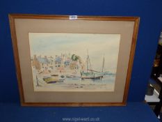 A wooden framed unglazed Watercolour depicting a harbour scene,