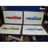 Four framed Formula 1 car prints by David Wilson including Ferrari F300 1998 Championship car