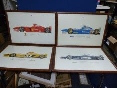 Four framed Formula 1 car prints by David Wilson including Ferrari F300 1998 Championship car