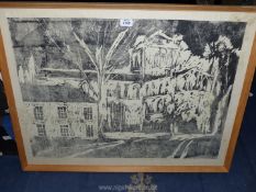 A large framed Print depicting a large Abbey and cottage with trees, unsigned, 33" x 25 1/2".