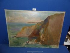 An unframed and unsigned oil on canvas of a coastal scene, a/f, 26 1/2'' x 19''.