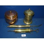 A small quantity of brass and metals including copper and brass tea caddy,