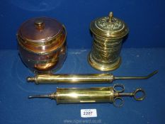 A small quantity of brass and metals including copper and brass tea caddy,